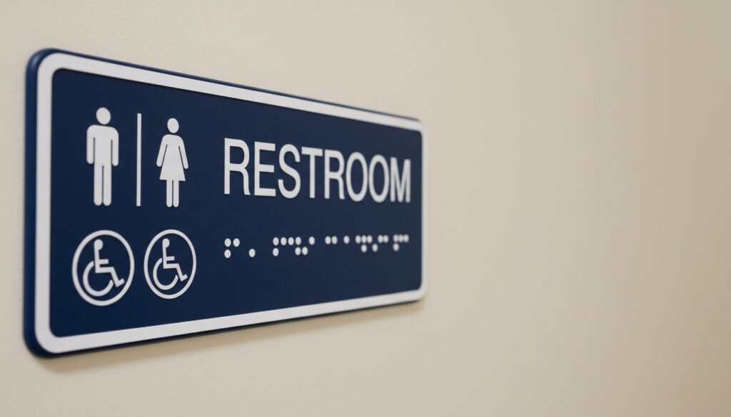 A standardized, ADA compliant restroom sign with Braille in a commercial building.