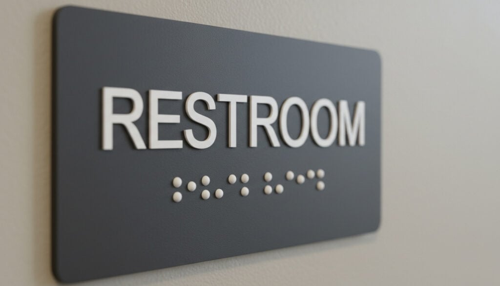 A close up of an ADA compliant restroom sign featuring tactile lettering and Grade 2 Braille.