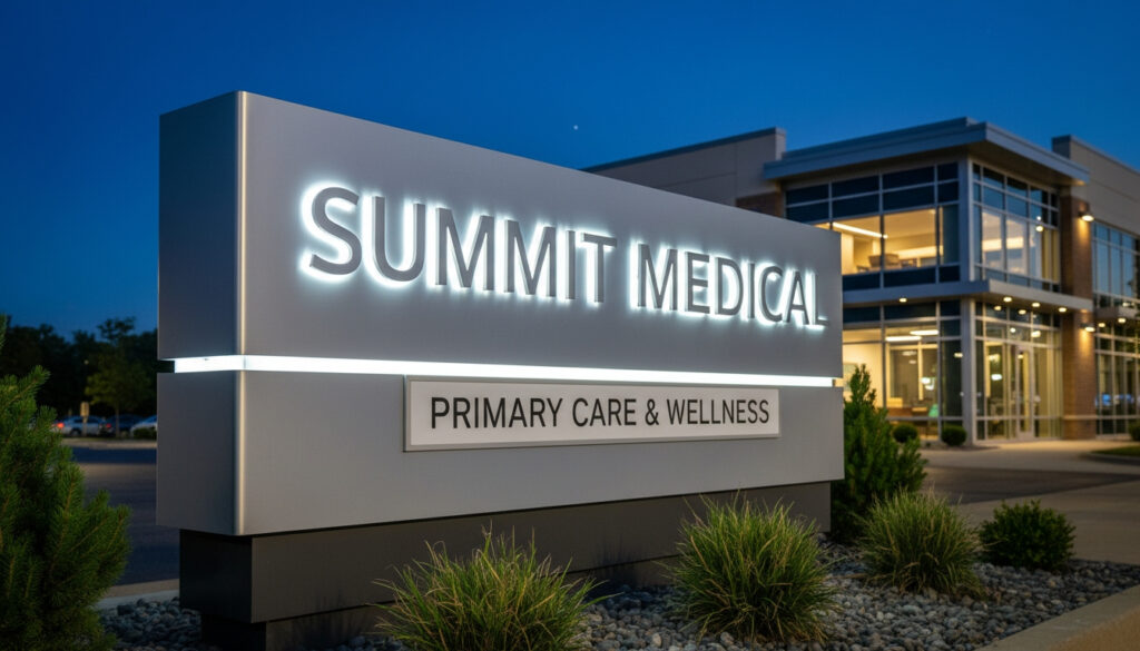 An illuminated aluminum monument sign at dusk outside a commercial building.