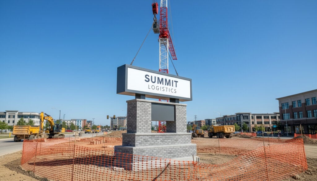 A crane installing a large commercial monument sign at a new development in Columbus Ohio