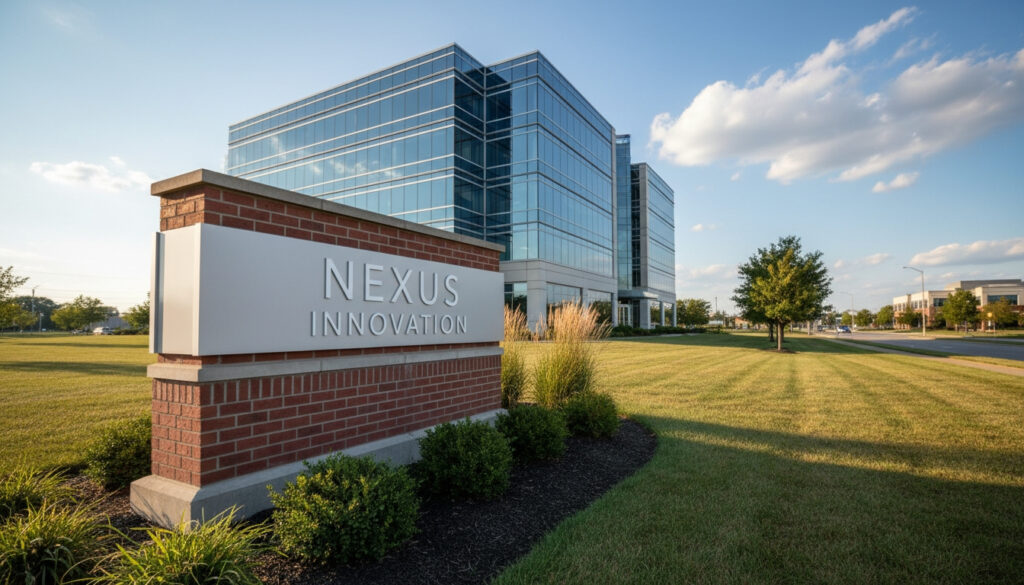 A newly installed commercial monument sign in a Columbus suburban business park.