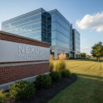 A newly installed commercial monument sign in a Columbus suburban business park.
