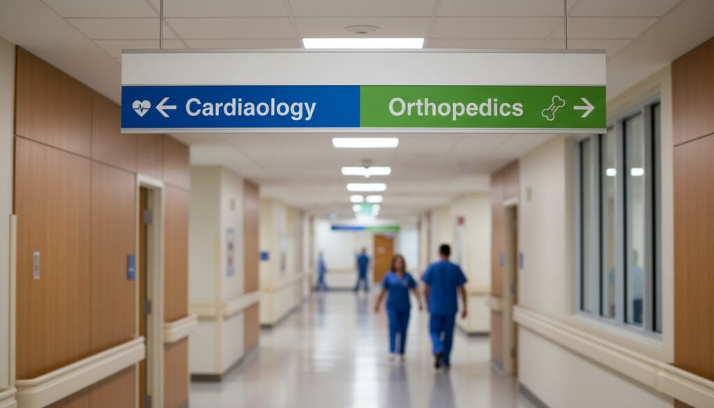 A clear, color-coded overhead directional sign in a modern Columbus hospital corridor.