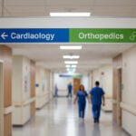 A clear, color-coded overhead directional sign in a modern Columbus hospital corridor.