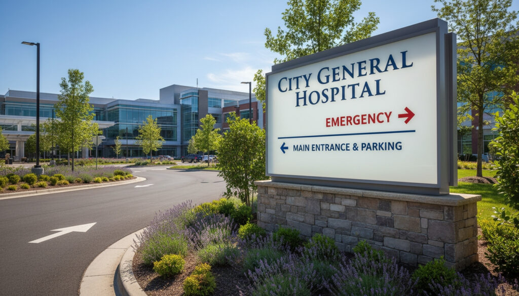 A large, illuminated exterior monument sign directing patients to the Emergency Department and Main Entrance.