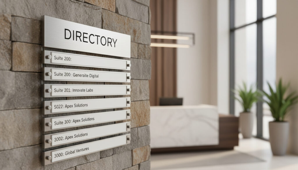 An interior modular directory sign in a Columbus office building lobby.