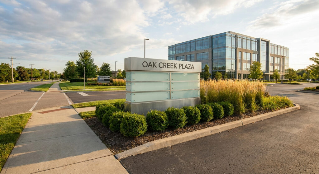 A compliant commercial monument sign positioned safely behind the clear vision triangle at an intersection