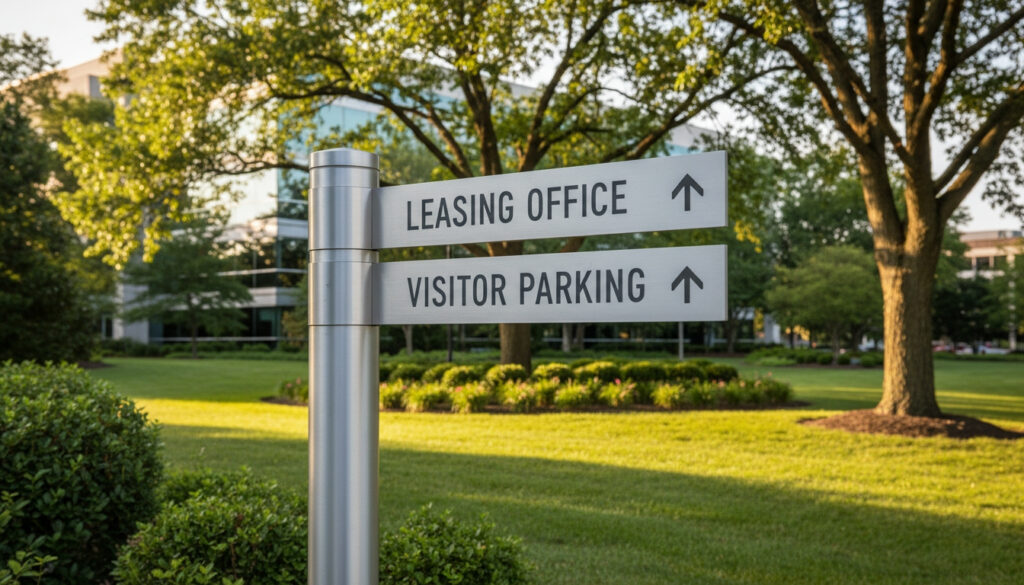 A clear, branded directional sign in a corporate office park.
