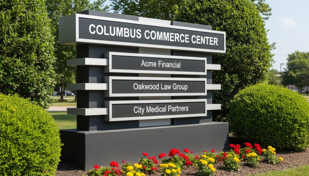 A modern, multi-tenant monument sign at a Columbus commercial property showing consistent branding.