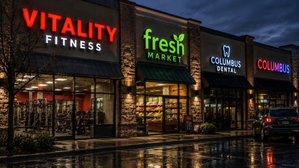 Brightly illuminated channel letter signs on a modern Columbus retail storefront at night