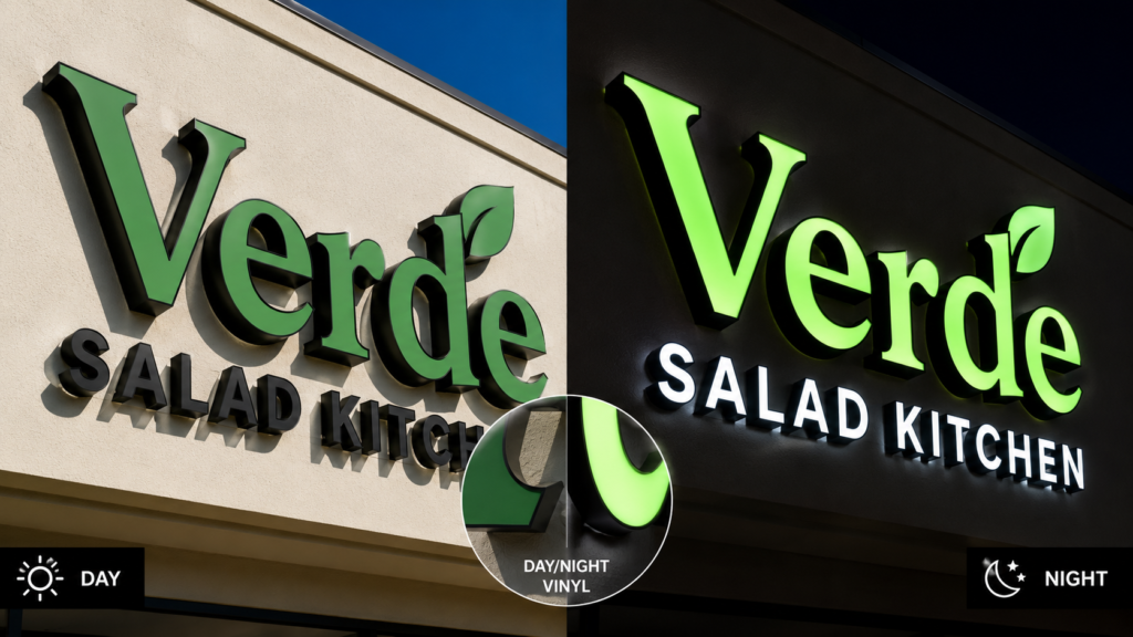 Close up of day/night vinyl on a channel letter sign demonstrating high contrast illumination.