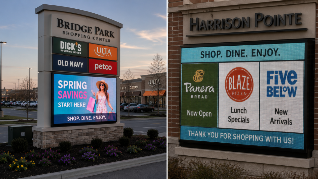 A modern digital monument sign displaying a bright LED advertisement at the entrance of a Columbus shopping center