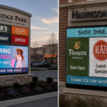 A modern digital monument sign displaying a bright LED advertisement at the entrance of a Columbus shopping center
