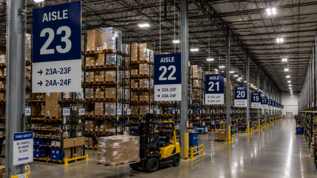 High-visibility hanging aisle markers inside a massive, brightly lit Columbus distribution center.