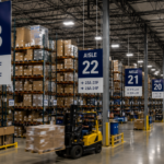 High-visibility hanging aisle markers inside a massive, brightly lit Columbus distribution center.