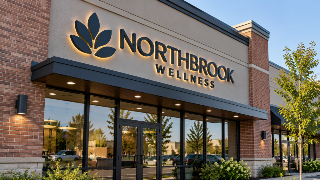 Custom halo-illuminated dimensional lettering and leaf logo for Northbrook Wellness on a modern commercial storefront.