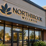 Custom halo-illuminated dimensional lettering and leaf logo for Northbrook Wellness on a modern commercial storefront.