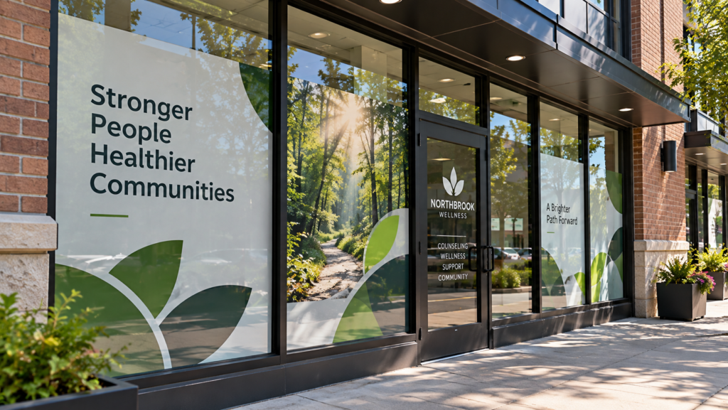 Custom privacy and promotional window graphics featuring frosted vinyl, green leaf designs, and branded messaging on a Northbrook Wellness storefront.