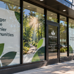 Custom privacy and promotional window graphics featuring frosted vinyl, green leaf designs, and branded messaging on a Northbrook Wellness storefront.
