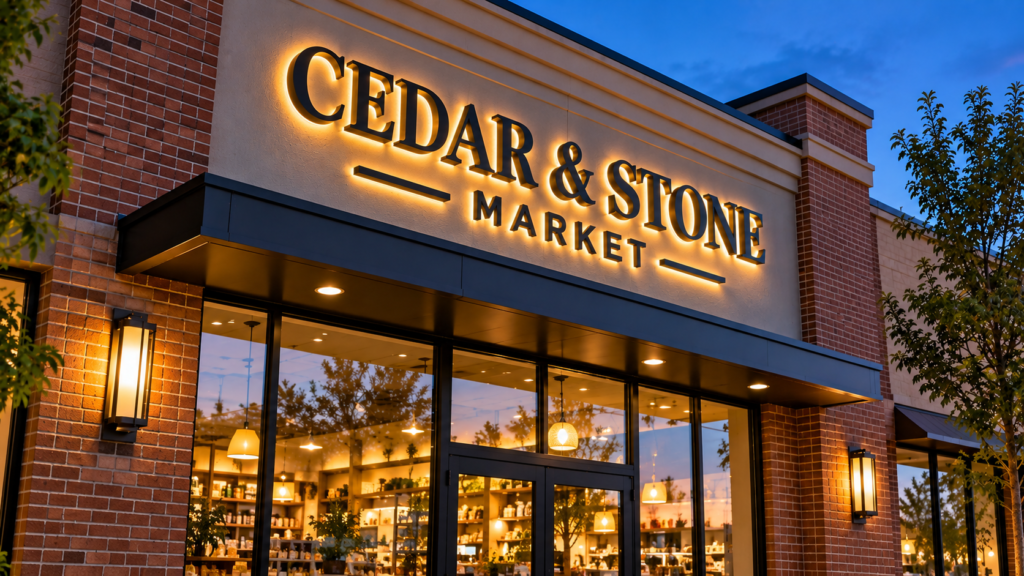 Custom halo-illuminated channel letter signage displaying Cedar & Stone Market on a modern brick and stucco commercial storefront at dusk.