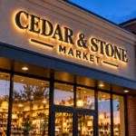 Custom halo-illuminated channel letter signage displaying Cedar & Stone Market on a modern brick and stucco commercial storefront at dusk.