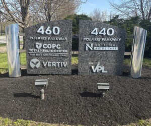Monument Sign | Mirror Polished Stainless Steel on Granite Monument sign with mirror polished stainless steel letters on granite for a Columbus office building